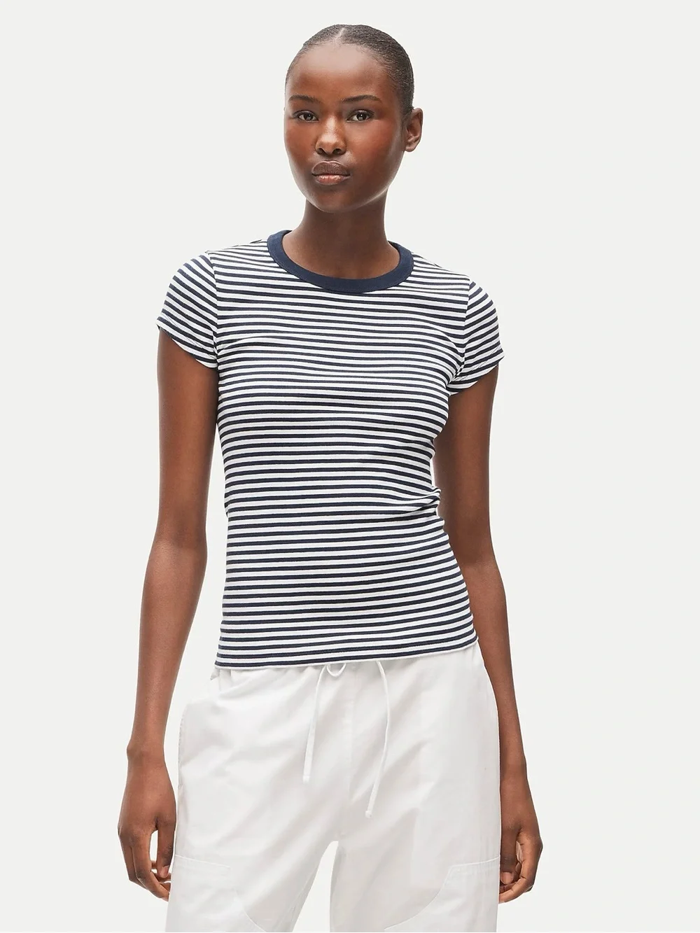 J Crew new women's perfect-fit crewneck T-shirt in stripe in blue white